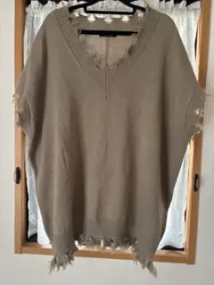 秋冬ベージュ Vネック フリンジ ニットベスト　オーバーサイズ