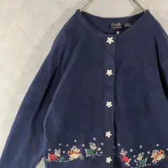 ヴィンテージ　ノーカラージャケット　フルボタン　トナカイ　クリスマス　紺　LO8