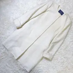 上品✨ジャスグリッティー ラメツイード ロングコート ノーカラー 白系 M