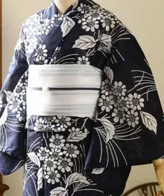 さ*ん様 綿絽 浴衣 紺色 浴衣 秋草柄 浴衣単品 裄丈67