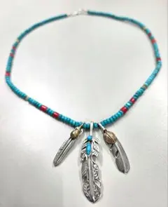 シルバー925 豪華カスタム フェザーネックレス ターコイズ 天然石風ビーズ