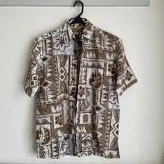 カハラ　アロハシャツ　茶色　葉　花　模様　S