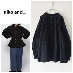 ニコアンド　ブラック　刺繍ブラウス　チュニック　ボリューム袖　ゆったりシルエット