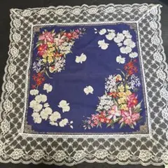 ◆まとめ買い割引あり◆ 花柄 ネイビー ハンカチ レース縁取り・膝掛け