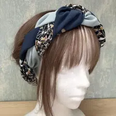 和風三つ編みターバン　着物リメイク　クロスターバン　ヘアバンド　ブルー系