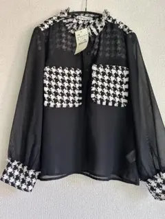 新品BBWM WOMAN 長袖ブラウス L 黒・ツイードポケット付き
