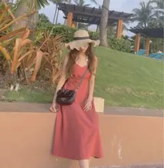 ワンピース　ピンク　リボン　キャミワンピース　ロングワンピース