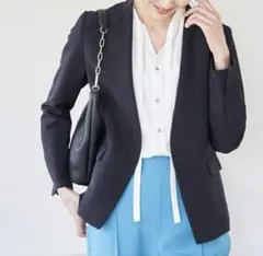 新品【ロペピクニック】ノーカラージャケット　紺ブレ　洗える　ビジネス　通勤　L