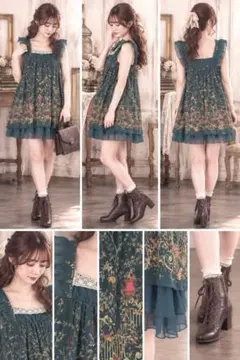 アクシーズファム 鳥籠花柄シフォンチュニックワンピース 青緑 レース フリル M