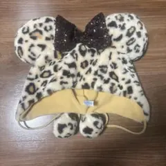 ヒョウ柄ミッキー型帽子 スパンコールリボン付き　ヒョウ柄ファンキャップ