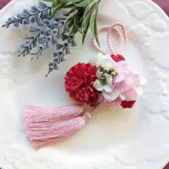 サンプル品☆赤とピンクのピンポンマムも桜色のタッセルの髪飾り