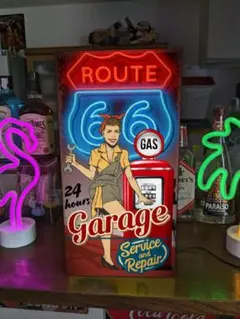 【Lサイズ】ルート66 ガレージ 車 置物 看板 アメリカン雑貨 ライトBOX