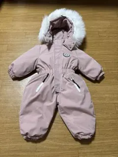 ベビー子供も用 ピンク スキーウェア ファー付き８０-90サイズ