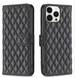 ブラックキルティング手帳型iPhone13ケース