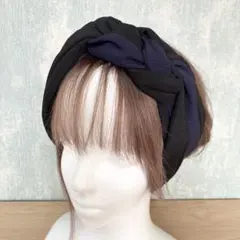 和風編み込みターバン　着物リメイク　クロスターバン　ヘアバンド　パープル&黒