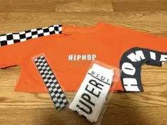 オレンジ HIPHOP Tシャツ チェック柄