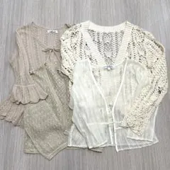 透かし編みカーディガン 4点セット　クロシェ　ボレロ　長袖　七分袖