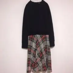 古着 ビンテージ ACT 長袖ワンピース 切替 チェック 黒 ブラック ポリ