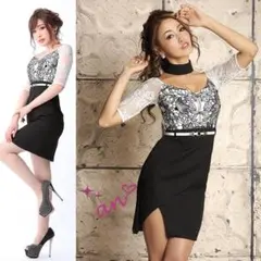 an アン アッパーレースデザイン タイトミニキャバドレス ホワイト×ブラック