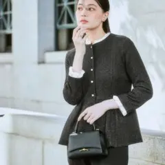 nissen カットツイードペプラムブラウス＋ジャージーテーパードパンツセット