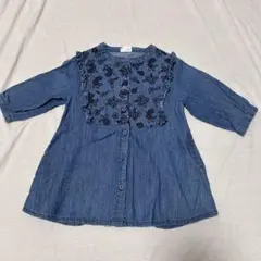 ベビー　デニム　シャツ　ワンピース80 前開き　長袖　花柄