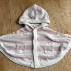 ジェラートピケ　フード付きベビーポンチョ 80-90cm ピンク白ストライプ