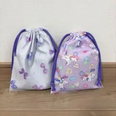 コップ袋　給食袋　巾着　ユニコーン リボン　2点　ハンドメイド