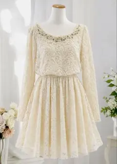 アイボリー レース ミニワンピース 長袖