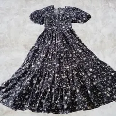 スナイデル　コットン100%　ネイビー✕白花柄　バックリボン　ワンピース