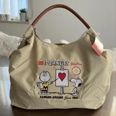 スヌーピー 2WAYトートバッグ ワッシャーバッグ 刺繍トートバッグ ベージュ