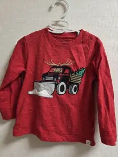 赤 トラック 鹿刺繍 長袖カットソー 100cm