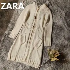 美品 ZARA トグルボタン ニットロングカーディガン フード付 M ウール混