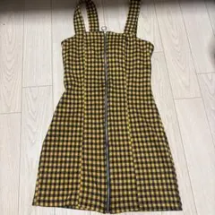 Bershka イエローチェック柄 フロントジップ キャミワンピース