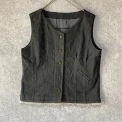 レスピーギ（one）ステッチデニムベスト＊裾フリンジ＊ポケット＊ストレッチ＊黒