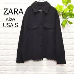 【ザラ】ZARA ブラック ジャケット フリンジ付き ポケット 無地 長袖