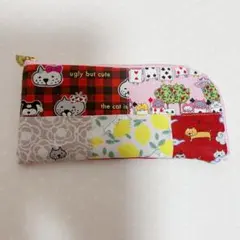 L字型ファスナーポーチ メガネケース ペンケース パッチワーク ねこ生地ピンク系