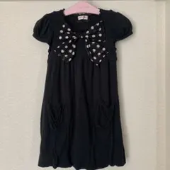 メゾピアノ 黒 半袖ワンピース 水玉リボン付き