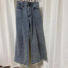 GU ライトブルー カットオフワイドデニム　フリンジ　Sサイズ