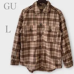 ジーユー　ポケット付きチェック柄フランネルシャツ　ベージュ　ブラウン　Ｌ