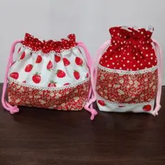 お弁当袋＆コップ袋セット　いちご、花柄　レース　ハンドメイド　入園入学