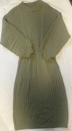 レディース　秋冬　ワンピース　ニット　セーター　グリーン　ケーブル編み