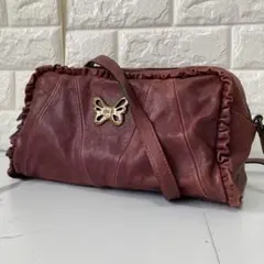 ANNA SUI✨蝶ロゴ バタフライ レザーショルダー　フリル 本革 ボルドー
