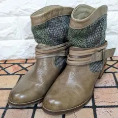 Ingイング ショートブーツ22.5cm ツイードドッキング レザー ストラップ