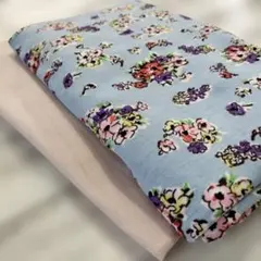 水色花柄とくすみピンクのニット はぎれ