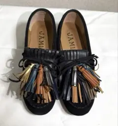 JAMIE フリンジ付きブラックローファー スウェード 韓国