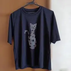 猫のストーン装飾 半袖Tシャツ 黒