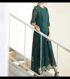 GIRL 総レース七分袖イレヘムロングワンピース パーティードレス　グリーン