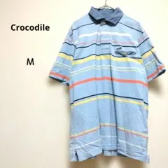 クロコダイル M 水色系 半袖ポロシャツ ボーダー 綿100% ゴルフ