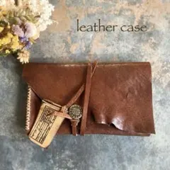 本革☆くるくる革紐巻き　通帳ケース　マルチケース　革のケース　ブラウンヌメ革