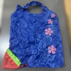 青い花柄エコバッグ イチゴ型収納袋付き